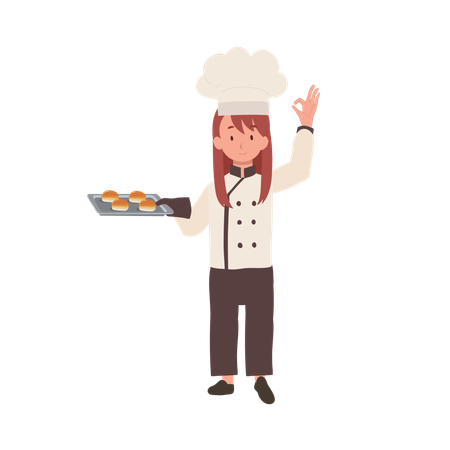 Happy Chef Doing OK Hand Sign and holding fresh baked bun on tray in other hand  Illustration