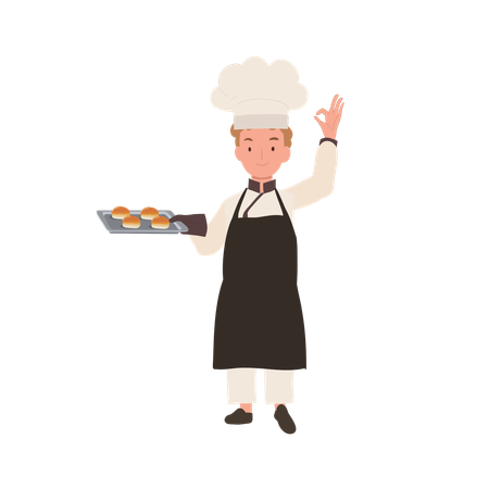 Happy Chef Doing OK Hand Sign and holding fresh baked bun on tray in other hand  Illustration