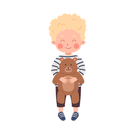 Happy child boy holding soft bear  Illustration