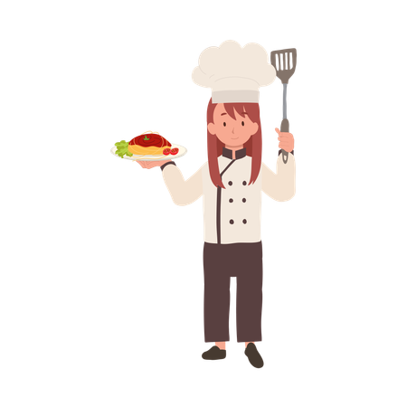 Chef enfant heureux servant des pâtes  Illustration