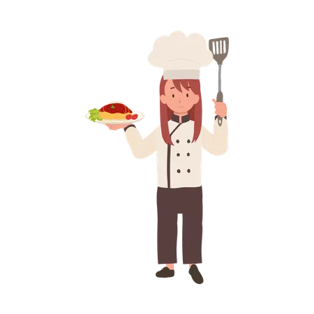 Chef enfant heureux servant des pâtes  Illustration