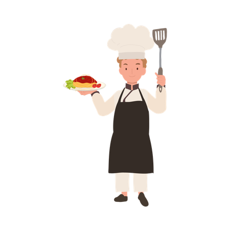 Happy Child Chef Serving Pasta  Illustration