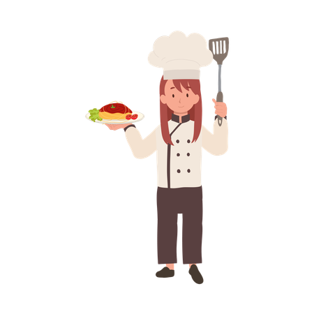 Happy Child Chef Serving Pasta  Illustration