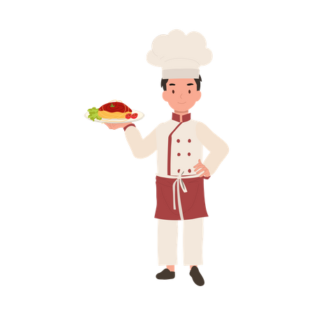 Happy child chef serving pasta  Illustration