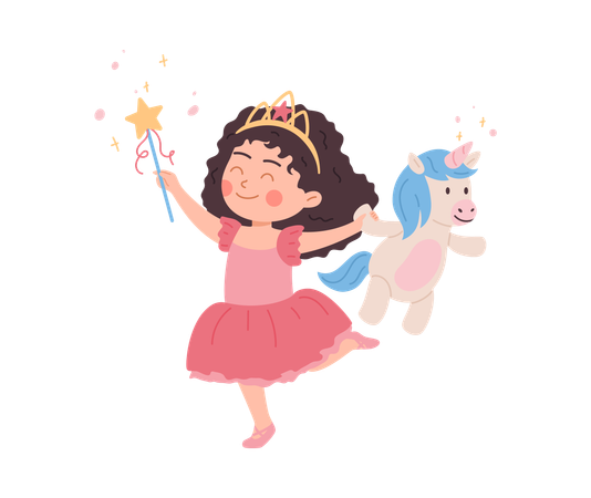 Happy child girl in princess costume holding unicorn toy  Illustration