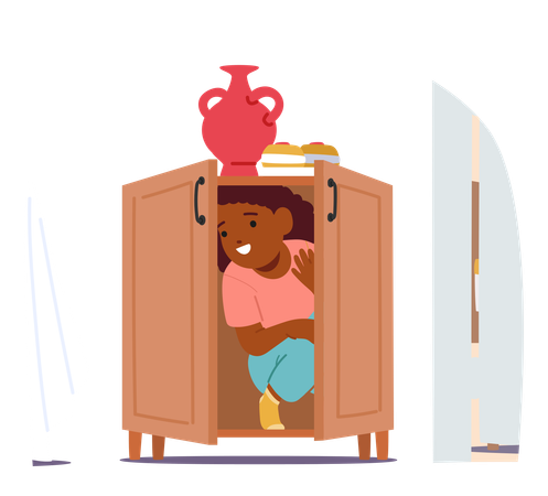 Happy Child Hiding Inside Cabinet During  Indoor Game Of Hide And Seek  Illustration