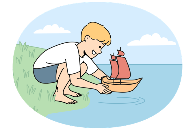 Happy child launch toy boat on water  Illustration