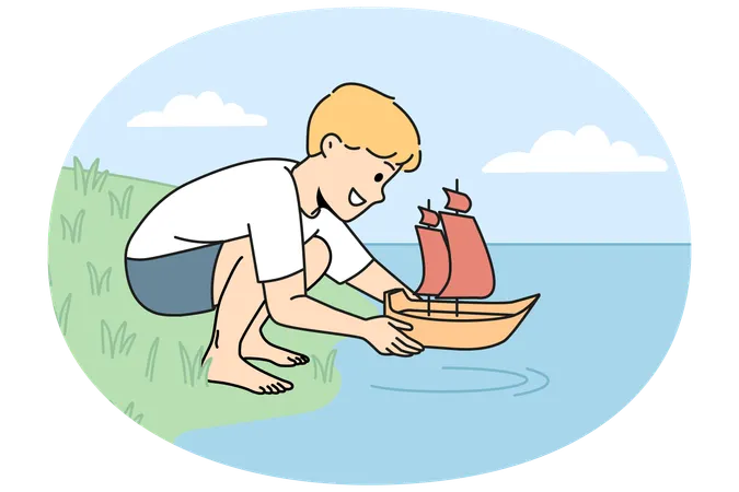 Happy child launch toy boat on water  Illustration