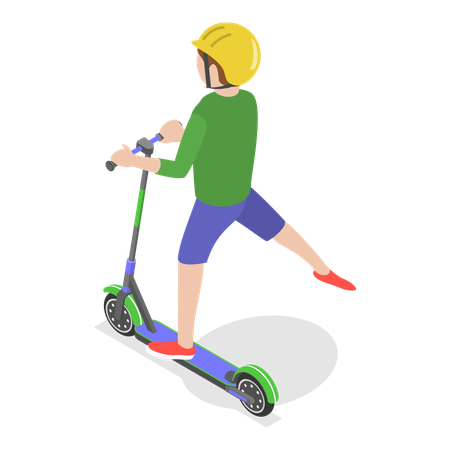 Happy child riding kick scooter wearing helmet  Illustration