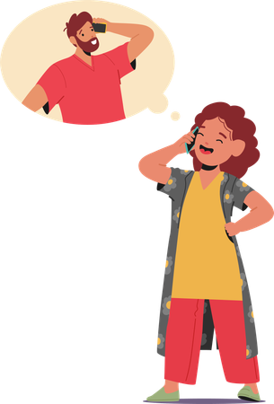 Happy Child Talking On Phone While Imagining Conversation With Father Or Adult Friend  Illustration