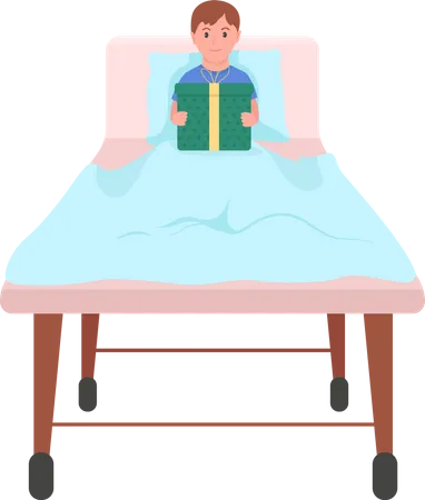 Happy child with gift in hospital bed  Illustration