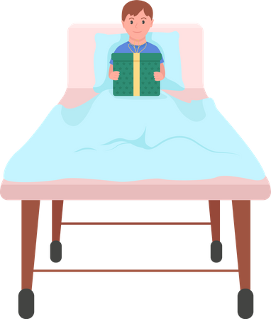 Happy child with gift in hospital bed  Illustration