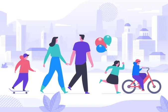 Happy Childhood Activity Flat Vector Illustration Smiling Parents And Little Children Cartoon Characters Young Couple With Kids On Stroll In City Park Family Leisure Outdoor Recreation Illustration