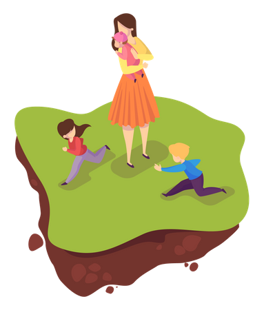 Happy children and mother at city park  Illustration