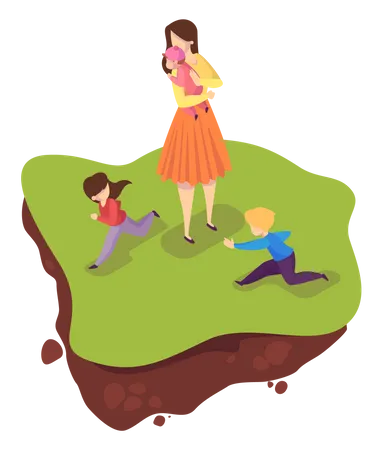Happy children and mother at city park  Illustration