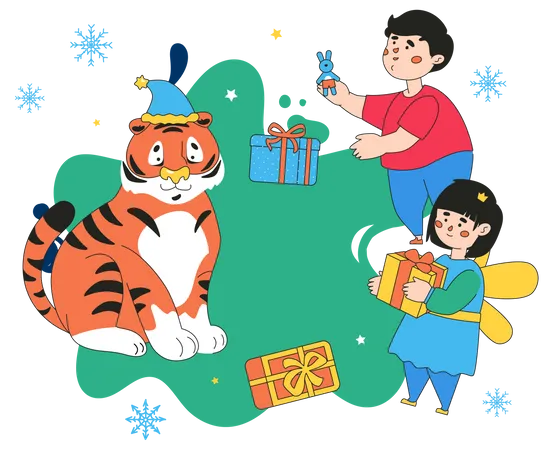 Happy children and tiger enjoying the winter holidays  Illustration