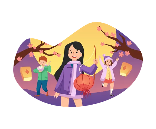 Happy children celebrating Lantern Festival  Illustration