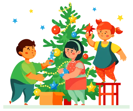 Happy Children Decorating Christmas Tree Colorful Flat Design Style Illustration With Cartoon Characters Cheerful Kids Boy And Girls Stringing Ornaments Baubles New Year Celebration Party Idea Illustration