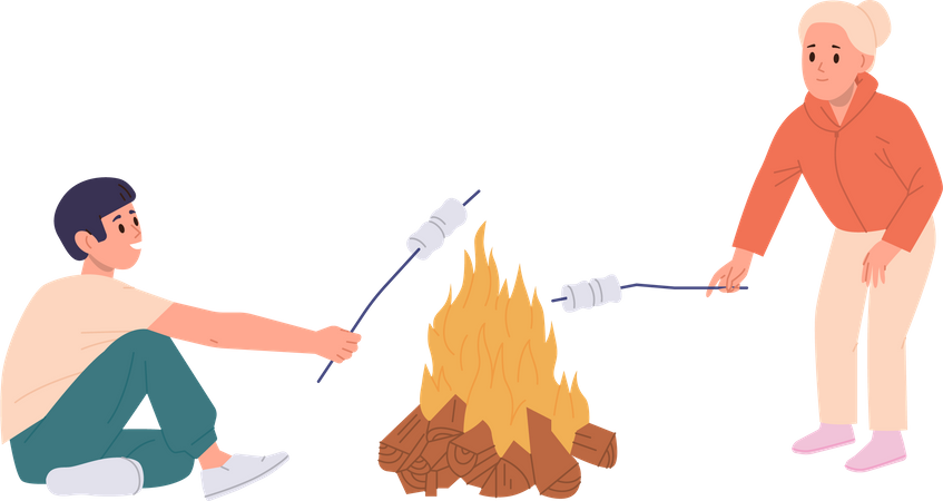 Happy children frying marshmallows on open fire  일러스트레이션