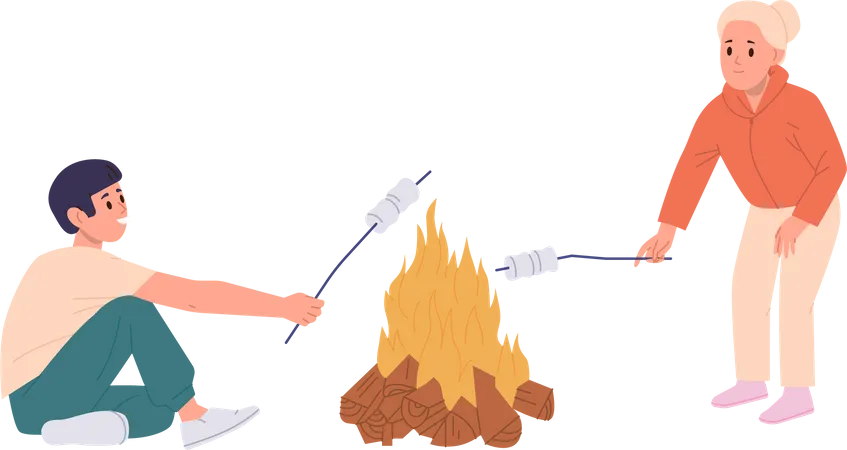 Happy children frying marshmallows on open fire  일러스트레이션