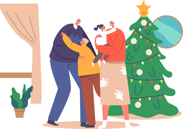 Happy Children Hug Grandparents at Home  Illustration