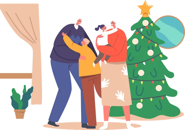 Happy Children Hug Grandparents at Home  Illustration
