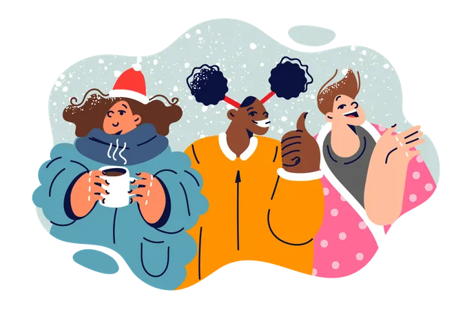 Happy children in winter clothes rejoice at first snow  Illustration
