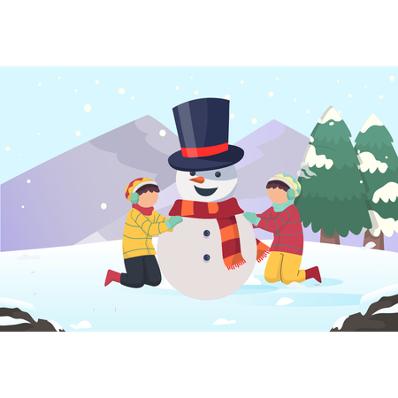 Happy children make snowman  Illustration