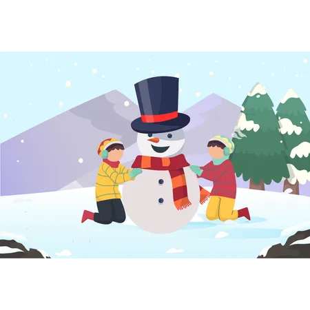 Happy children make snowman  イラスト