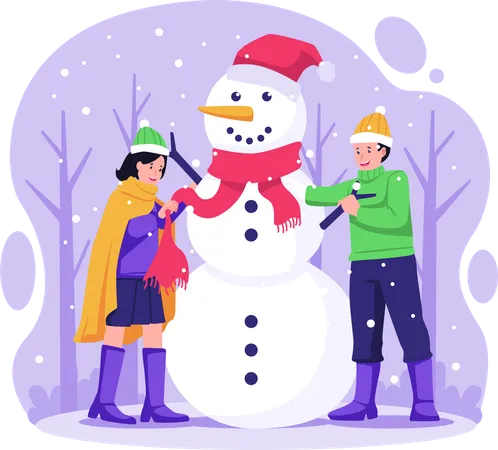 Happy Boy And Girl Kids Building A Snowman Together In Winter Outdoors Children Make A Snowman Vector Illustration In Flat Style Illustration