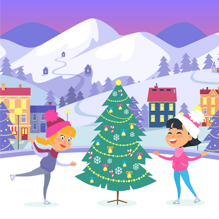 Happy Children on Icerink near Christmas Tree  Illustration
