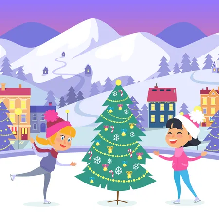 Little Smiling Girls Near Decorated Christmas Tree On Urban Icerink Vector Illustration Of Female Children In Warm Winter Clothes Celebrating New Year And Spending Xmas Winter Holidays Outdoors Illustration