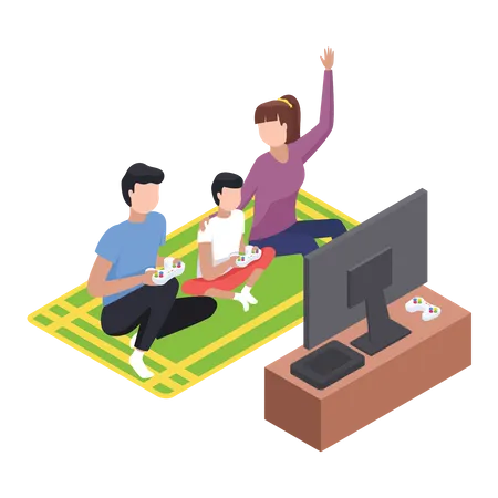 Happy children playing board game with parents  Illustration