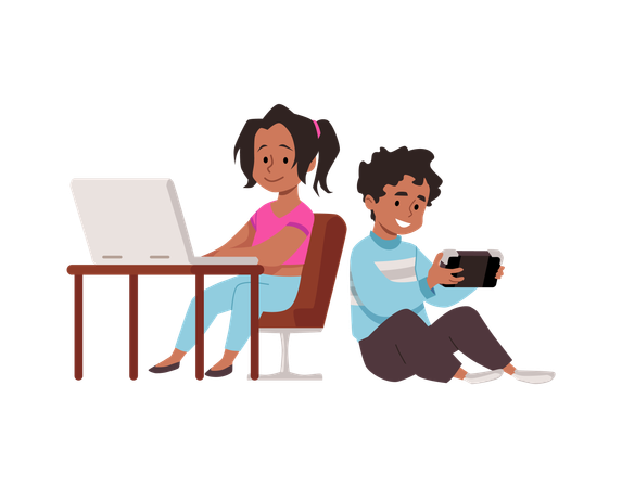 Happy children playing computer games online  Illustration
