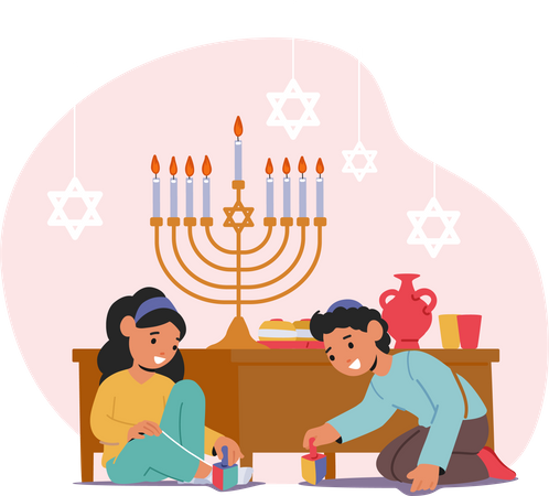 Happy Children Playing With Wooden Dreidels For Hanukkah Holiday Celebration  Illustration