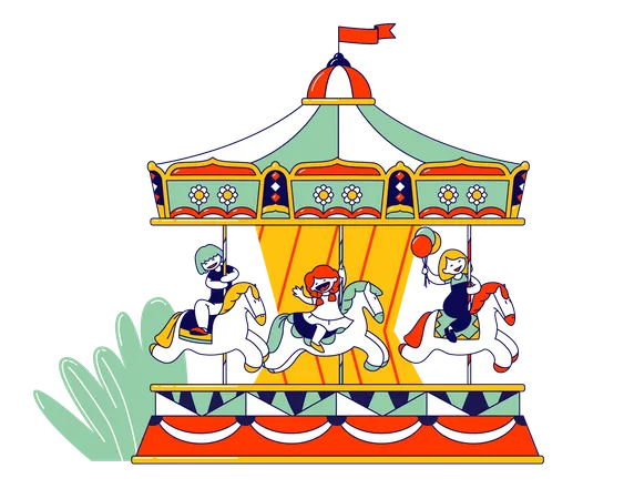 Happy Children Riding Merry-go-round Carousel in Amusement Entertainment Park Illustration