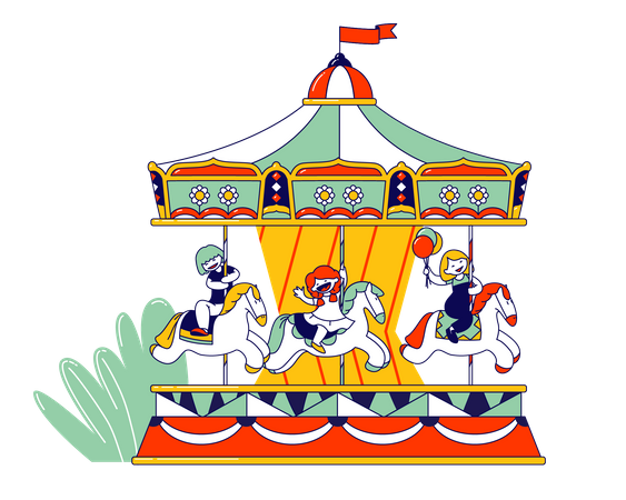 Happy Children Riding Merry-go-round Carousel in Amusement Entertainment Park  Illustration