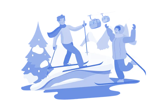 Happy Children Skiing Illustration Concept A Flat Illustration Isolated On White Background Illustration