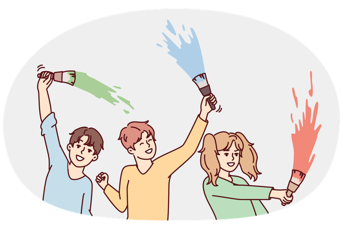 Happy children waving paint brushes with paint doing joint creativity  Illustration