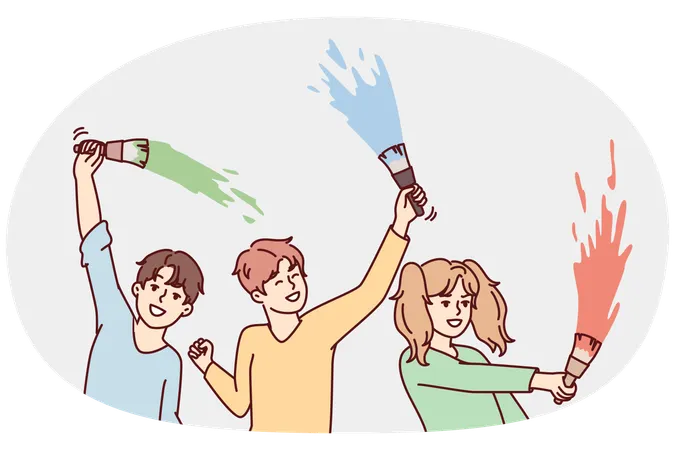 Happy children waving paint brushes with paint doing joint creativity  Illustration