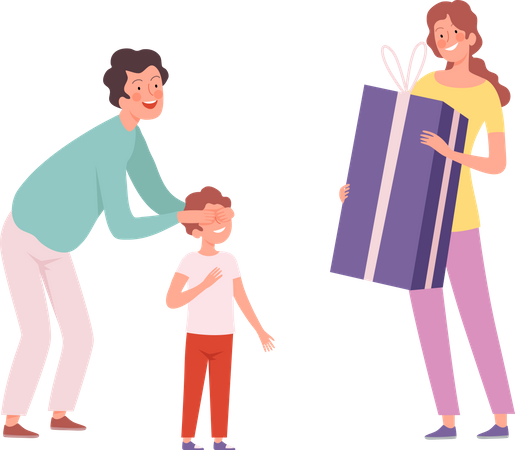 Happy children with gifts give presenting party isolated cartoon Illustration