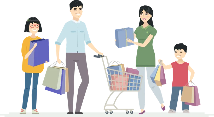 Happy Chinese Family Doing Shopping Cartoon People Characters Illustration On White Background Smiling Parents With Children Teenagers Standing With A Cart Carrying Bags Presents Illustration