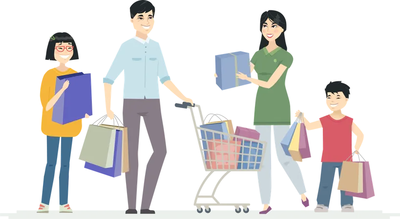 Happy Chinese family doing shopping  Illustration