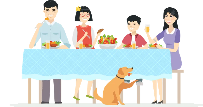 Happy Chinese family having dinner together Illustration