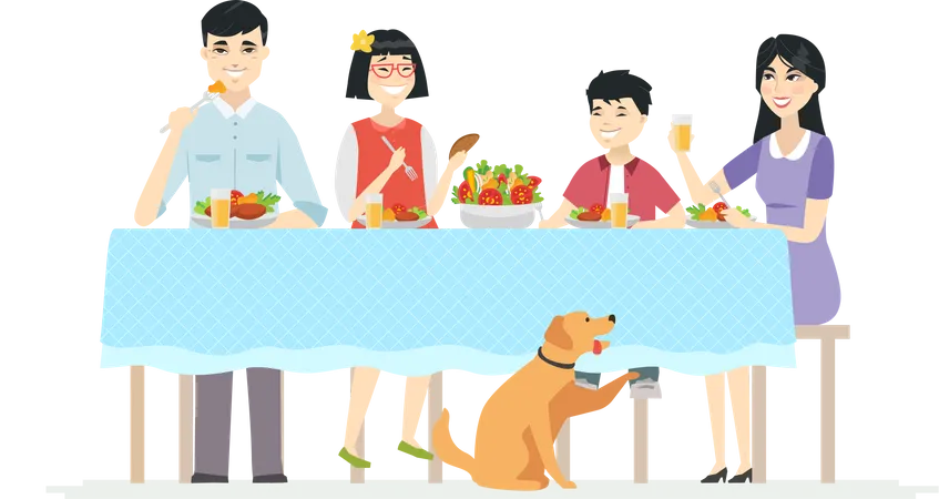 Happy Chinese family having dinner together  Illustration