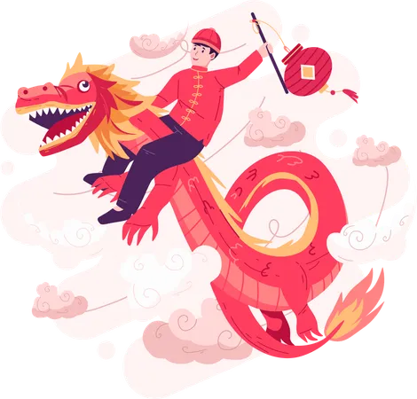 Happy Chinese New Year With A Boy Riding On A Dragon In The Sky A Happy Asian Boy Is Flying On A Friendly Chinese Dragon While Holding A Lantern 일러스트레이션