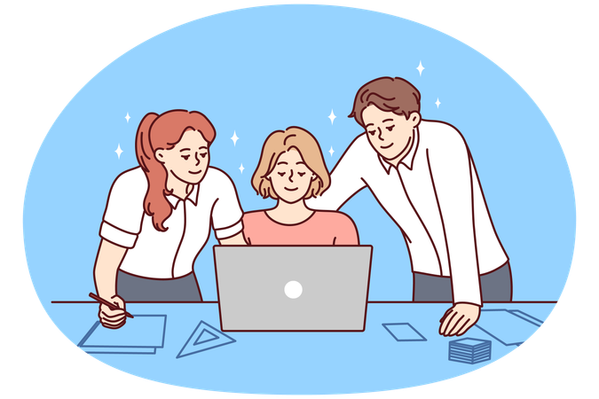 Happy colleagues brainstorm on computer  Illustration
