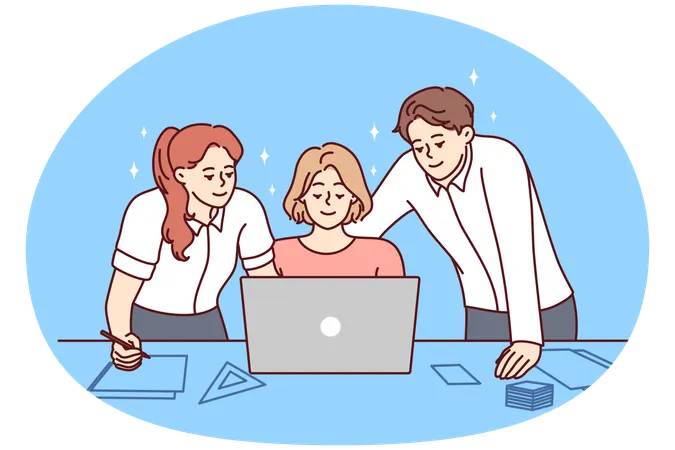 Happy colleagues brainstorm on computer  Illustration