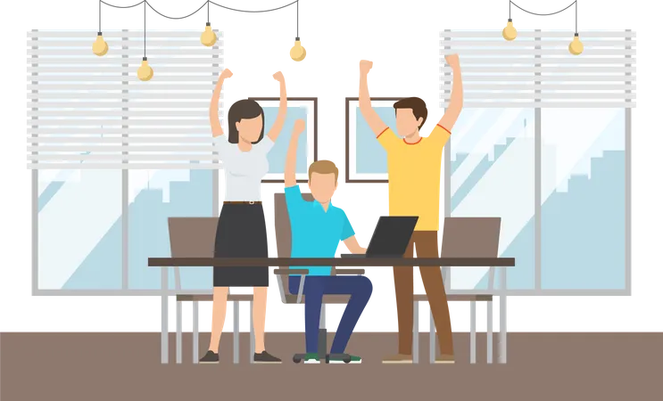 Happy Colleagues Rejoice At Business Success Marketing Strategy Business Team Develops Solutions People Sitting At A Table Joyfully Put Their Hands Up Together The Concept Of A Successful Deal Illustration