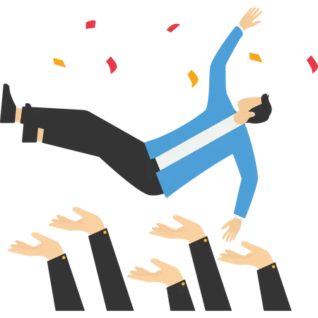 Winning A Prize Success In Work Or Goal Achievement Congratulation Party Concept Job Promotion Celebration Happy Company Colleagues Throwing Their Happy Boss In The Air Celebrating Team Success Illustration